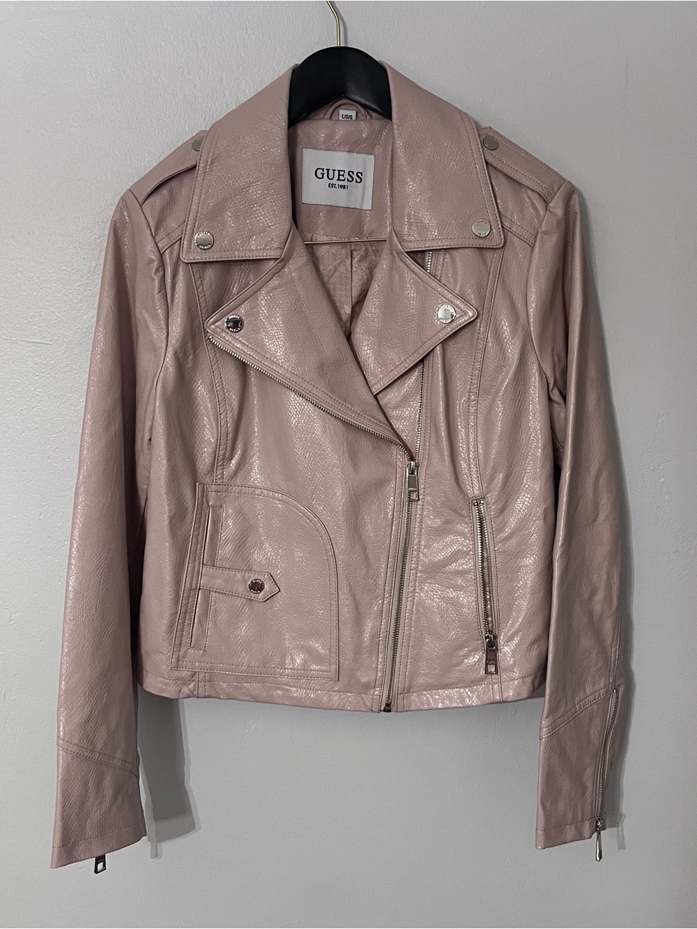GUESS Blush Pink Faux Leather Cropped Moto Jacket L